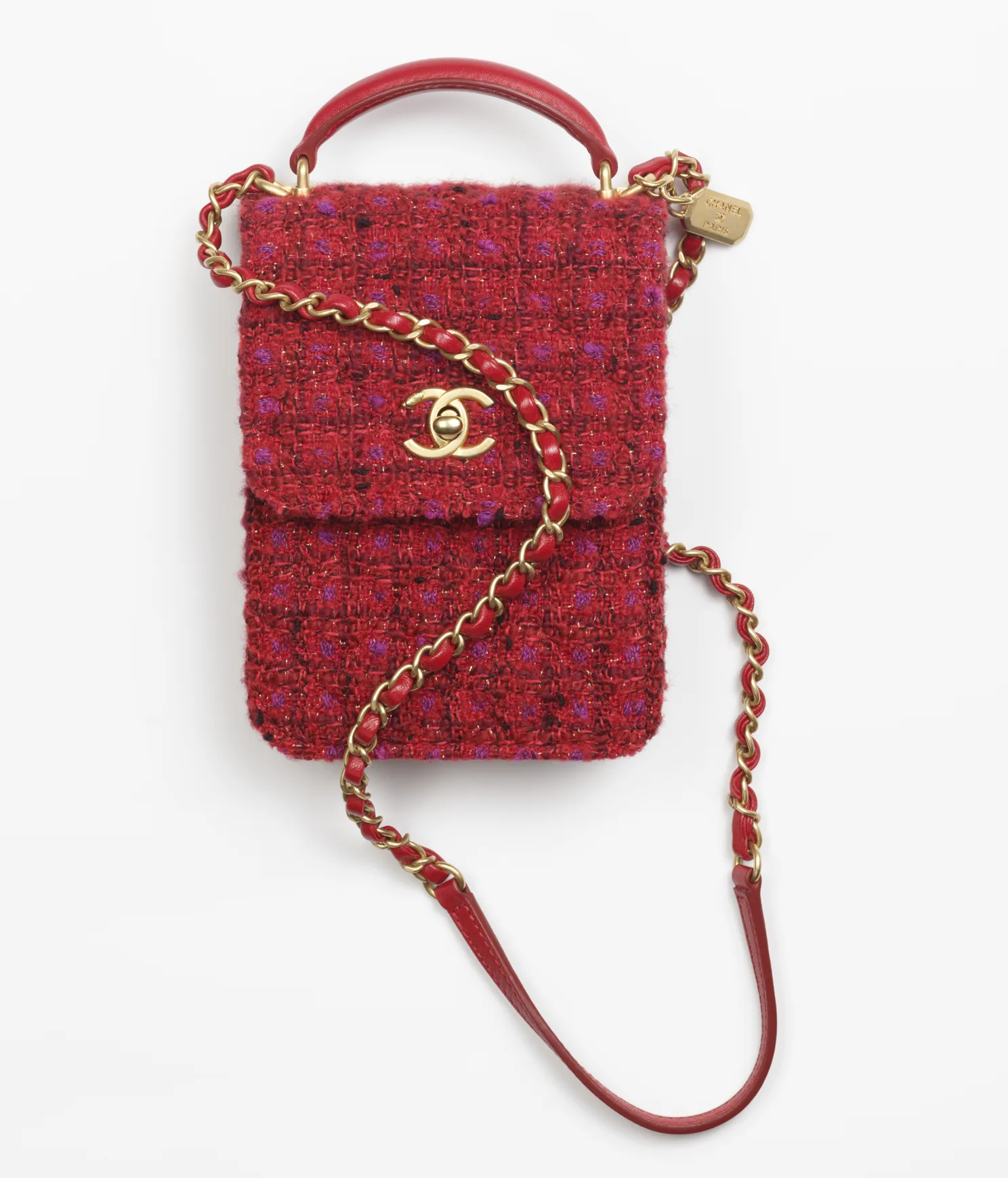 9525698789406 CHANEL / MINI FLAP BAG WITH TOP HANDLE Wool Tweed, Lambski & Gold-Tone Metal Red, Purple & Black Ref. AS4285 B13746 N7491 - Image 1