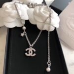 Chanel Double c half diamond necklace sliver